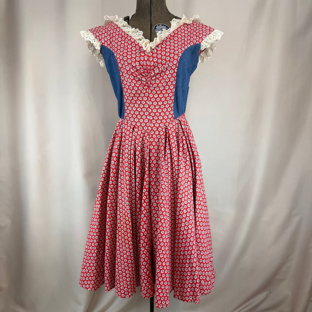 Vintage Womens (M) 60s Dress Floral‎ Denim Cottage Rockabilly Prairie Festival